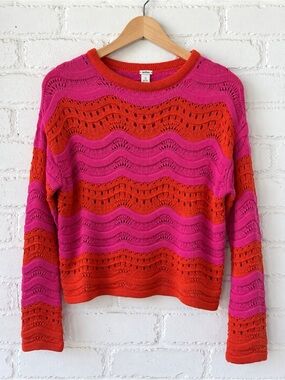 Anthropologie Pink Orange Open Knit Sweater Wave Knit Pullover XS